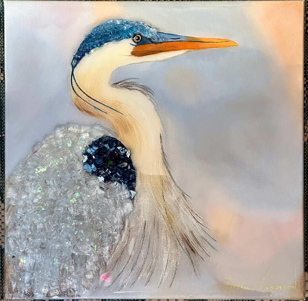 Blue Heron – Crushed Glass & Resin Art on Canvas