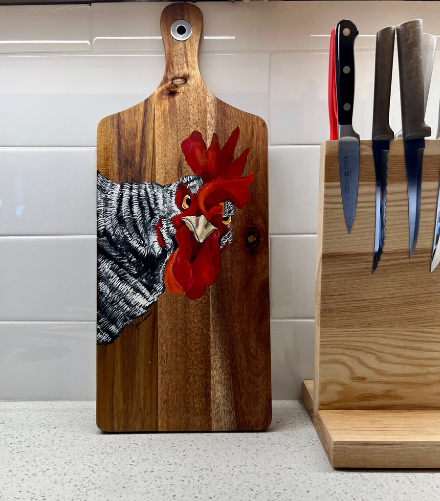 Angry Rooster on Cutting Board